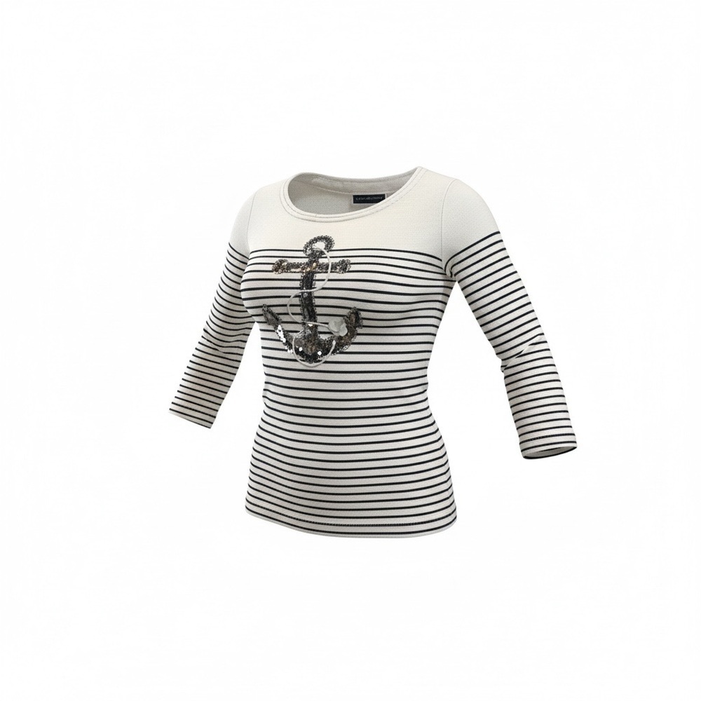 Karen Scott Petite Small White and Black Striped Sequin Anchor Top 3/4 Sleeve